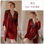 Guiruosi Smooth Satin Sexy Deep V Lace Lace Lace Waist High Split Sleeping Skirt Outer Robe Home Suit Set 19151