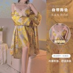 Guiruo Brand Yellow Fragmented Flower Chest Cushion with Satin Cross Lace Waist for Slim and Comfortable Sleeping Dress Outrobe Set 3788