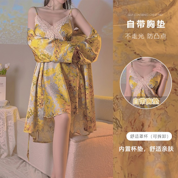 Guiruo Brand Yellow Fragmented Flower Chest Cushion with Satin Cross Lace Waist for Slim and Comfortable Sleeping Dress Outrobe Set 3788