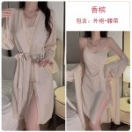 Ruo Ruo Satin Surface with Chest Cushion Sexy High Split Pleated Waist Shrinking Pure Desire Sleeping Dress Outer Robe Home Set 3156