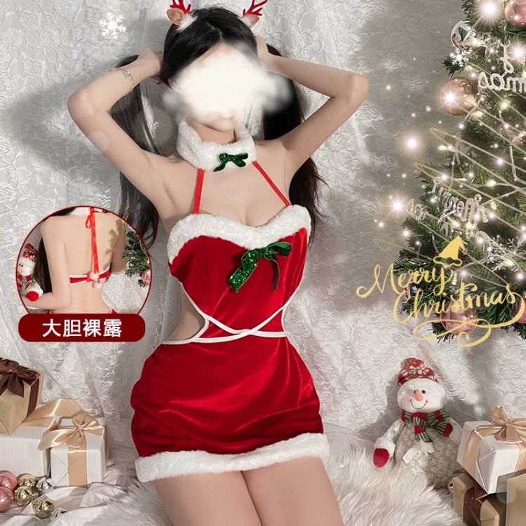 Guiruo Fun Lingerie Velvet Backless Plush Christmas Dress Sexy Love Hollow out Suspended Dress Uniform Set 2930