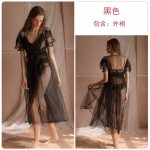 Guiruo brand palace style long pajamas women's sexy perspective seductive pajamas outer robe two piece home clothing set