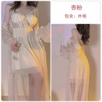 Guiruo Sexy Low Chest Perspective Lace and Chest Cushion Waist Closed Back Mesh Sleeping Dress Outer Robe Home Suit Set 3546