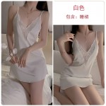 Guiruo Autumn French Sexy Lace Deep V Pajamas Ice Silk Sling Sleeping Dress Outrobe Women's Home Fur Set 1906