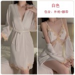 Guiruo Sexy Deep V Embroidery Lace Satin Sexy Open Back Pure Desire Sleeping Dress Loose Outer Robe Home Set 1203