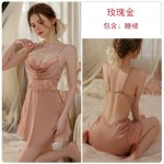 Guiruo Brand Sexy Hollow out Embroidery Mesh Open Back Sleeping Dress Solid Color Robe Women's Home Furnishing Set P3147