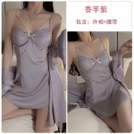 Guiruo Sexy Nightwear Lace Mesh and Chest Pads Gathered Open Back Suspended Nightwear Robe Home Set C3461