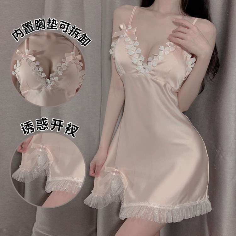 Guiruo Spring/Summer Bowknot Mesh Spliced Satin Nightwear Sweet Chest Cushion Suspender Sleepwear Home Suit 1380