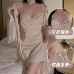 Guiruo Sexy Swinging Collar French Comfortable with Chest Pads Gathered Strap Sleeping Dress Outer Robe Women's Home Furnishing Set J3281