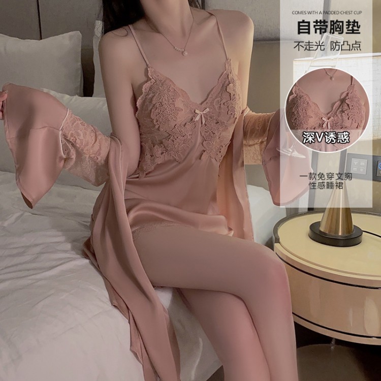 Guiruo Sexy Satin Lace Deep V with Chest Pads Cross Back Suspended Sleeping Dress Outer Robe Home Suit Set 1170