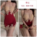 Ruo Ruo Solid Satin Patch Embroidery Lace Deep V Lace Attraction Pure Desire Sling Sleeping Dress Outer Robe Home Suit 966