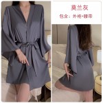 Guiruo Sexy Lace Perspective Attraction with Chest Pads Gathered Large Hanging Strap Sleeping Dress Outer Robe Home Suit Set 1690