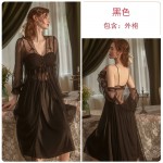 Guiruo Brand Sexy Deep V Hollow Steel Ring Pajamas with Chest Pads Long Sleeping Skirt Outer Robe Home Suit Set 2130