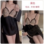 Guiruo Sexy Deep V Satin Lace Perspective Temptation Sling Sleeping Dress Simple Outer Robe Women's Homewear Set 891