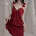 Guiruo Satin Embroidered Lace V-Neck Flying Sleeves Sexy Sleeping Dress Simple and Comfortable Outer Robe Women's Home Furnishing Set 1574