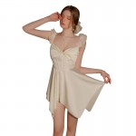 Ruo Ruo Sweet Girl Deep V with Chest Cushion Sexy Open Back Waist Satin Suspended Sleeping Dress Home Suit Set J3434