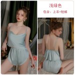 Ruo Ruo Solid Satin Comfortable and Sexy Swinging Collar Temptation Sling Top, Shorts, Outer Robe Pure Desire Home Set 3588