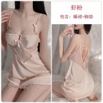 Ruo Ruo Sexy Temptation Pure Desire Lace Hollow Out Private Room Open Back Lace Up Sleeping Dress Women's Home Fur Set 2270