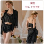 Guiruo Solid Color Satin Patch Lace Simple and Comfortable Suspender Top Shorts Outer Robe Home Suit Set 19072