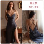 Guiruo Sexy Swinging Collar Open Breast Temptation Women's Nightwear Long Solid Sleeveless Suspended Dress Home Suit Set 2122