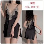 Guiruo Sexy Deep V Lace Satin Nightwear Split Seduction Sling Sleepwear Lace up Outer Robe Home Suit Set 272