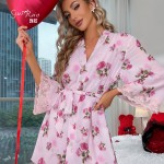 Guiruo Brand Sexy Printing Mesh Splice Lace Hanging Sleeping Dress Lace up Outer Robe Foreign Trade Home Set 9711