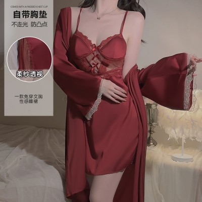 Guiruo Solid Satin Transparent Yarn with Chest Cushion Deep V Sexy Open Back Sleeping Dress Outer Robe Home Suit Set 3253