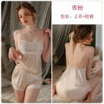 Guiruo Summer Satin Embroidery Lace Square Neck Pocket Style Suspender Shorts Sweet Outer Robe Home Suit Set 3486