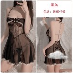 Guiruo Fun Underwear Sexy and Tempting Hot Mesh Lace Splice Perspective Open Back Suspended Sleeping Dress Set 2272