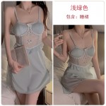 Guiruo Satin Lace Perspective and Chest Cushion Collar Low Chest Gathering Open Back Sleeping Dress Outer Robe Home Suit Set 3140