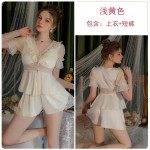 Guiruo Sweet Style Satin Panel Lace Perspective and Chest Cushion Top Shorts Two Piece Home Suit Set 3571