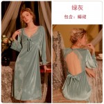 Guiruo Velvet Backless Sexy Temptation with Deep V Lace Solid Long Sleeping Dress Home Suit Set W2831