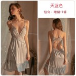 Guiruo Autumn New Fun Lingerie Sexy Satin Pajamas Women's Open Back Suspended Sleeping Dress Home Suit Set 1290