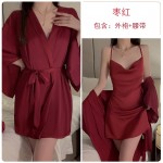 Guiruosi Smooth Satin Face Simple Slim Fit Stacked Collar Open Back Temptation Sling Sleeping Dress Outer Robe Home Suit Set 1571