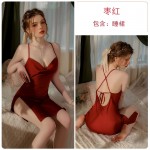 Guiruo Spring/Summer Sexy Backless Ice Silk Pajamas with Straps Simple Hanging Pajama Dresses Outer Robe Women's Home Furnishing Set 3430