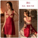 Guiruo Fun Underwear Sexy Mesh Open Back Pajamas Women's Open Breast Steel Ring Suspended Sleeping Dress Home Suit Set 1358