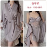 Guiruo Lingerie Satin Low Chest Gathered with Chest Pads Perspective Lace Combination Sleeping Dress Outer Robe Home Suit Set 3128