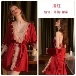 Guiruo Pajamas Women's Sexy Deep V Lace Spliced Satin Suspended Nightwear Lace up Outer Robe Home Suit Set 1091