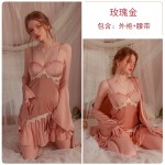 Guiruo Sexy V-neck with Chest Cushion Satin Seduction Sling Sleeping Dress Simple Outer Robe Women's Home Suit Set 2419