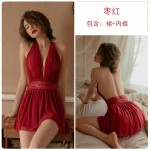 Guiruo Brand Sexy Deep V Hanging Neck Sleeping Dress Open Back Design Perspective Double Layer Mesh Skirt Hem Home Furnishing Set 630