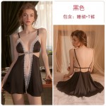 Guiruo Sexy Temptation Lace Mesh Open Button Breast Dew Low Breast Silk Slippery Slippery Sleeping Dress Women's Home Suit Set 2483