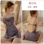 Guiruo Sexy Backless Temptation Ice Silk Comfortable French Swinging Neck Sling Sleeping Dress Outer Robe Home Suit Set P3147