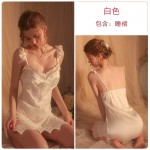 Guiruo Brand Sexy Lace Sweet Nightwear Open Back Suspended Pajama Dress Lace up Outer Robe Women's Home Furnishing Set 1574