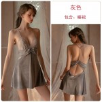 Guiruo Sexy Deep V Velvet Backless Pajamas Women's French Hot Temptation Sling Sleeping Dress Home Suit Set 1579