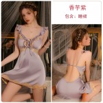 Guiruo Summer Sweet Satin Comfortable with Chest Pads Gathered Strap Sleeping Dress Outer Robe Women's Home Furnishing Set 3246