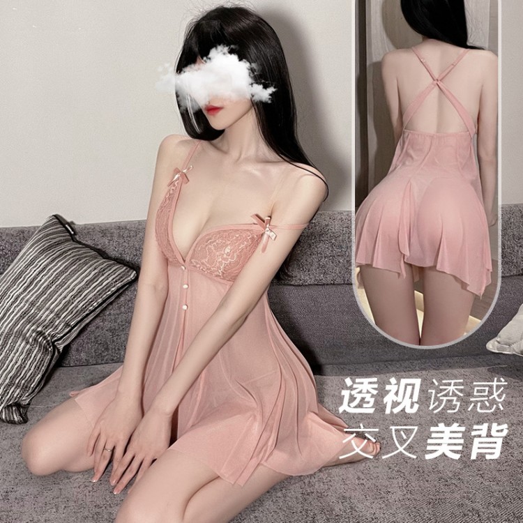 Guiruo Fun Underwear Sexy Perspective Attractive Lace Sweet Bow Knot Pajamas Open Back Suspended Dress Set 1639