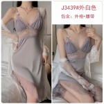 Guiruo Sexy Backless Temptation with Chest Pads Gathered Strap Sleeping Dress Pure Desire Mesh Outer Robe Home Suit Set 3372