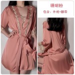 Guiruo Pajamas Women's Sexy Deep V Satin Nightgown Thin Suspended Nightgown Lace up Bathrobe Home Suit Set 766