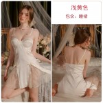 Guiruo satin low cut V-neck with chest pad and lace seductive backless women's suspender nightgown loose robe set 3381