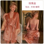 Rose like Autumn and Winter Sexy Hollow out Temptation with Chest Cushion Hanging Sleeping Dress, Velvet Outer Robe, Solid Color Home Suit Set 2926